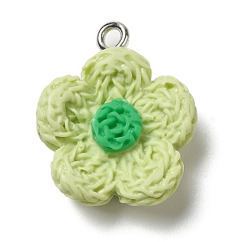 Opaque Resin Pendants, Flower Charms with Platinum Plated Iron Loops, Light Green, 20x18x6mm, Hole: 2mm