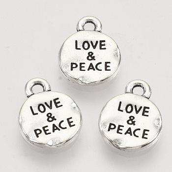 Tibetan Style Alloy Pendants,  Cadmium Free & Lead Free, Flat Round with Word Love & Peace, Antique Silver, 13.5x10.5x1.5mm, Hole: 1.5mm, about 555pcs/500g