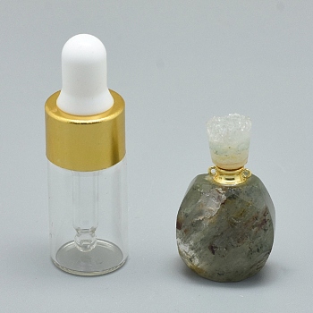 Natural Green Lodolite Quartz Openable Perfume Bottle Pendants, with Brass Findings and Glass Essential Oil Bottles, 30~36x18~20x9.5~16mm, Hole: 0.8mm, Glass Bottle Capacity: 3ml(0.101 fl. oz), Gemstone Capacity: 1ml(0.03 fl. oz)