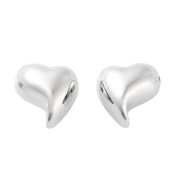 Brass Stud Earrings for Women, Heart, Platinum, 18x18mm