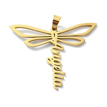 304 Stainless Steel Pendants, Dragonfly with Word Angella Charm, Golden, 36x45x1.5mm, Hole: 7x4mm