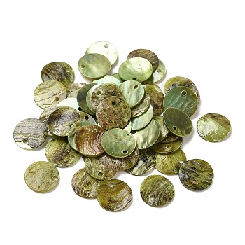 Spray Painted Natural Akoya Shell Charms, Mother of Shell, Flat Round Charms, Olive, 13x1.5mm, Hole: 1mm