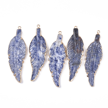 Electroplate Natural Blue Spot Jasper Big Pendants, with Lead Free & Nickel Free Iron Findings, Leaf, Golden, 69~74x21~22x5~6mm, Hole: 2mm