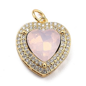 Eco-Friendly Brass Micro Pave Cubic Zirconia Pendants, with Faceted Glass & Jump Ring, Real 18K Gold Plated, Long-Lasting Plated, Heart, Misty Rose, 19x16.5x6.5mm, Jump Ring: 5x0.7mm, Inner Diameter: 3.6mm
