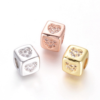 Brass Beads, with Micro Pave Cubic Zirconia, Cube with Heart, Clear, Mixed Color, 6x6x6mm, Hole: 3mm