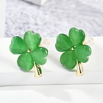 Alloy Cat Eye Stud Earrings, Clover, Lime, 15.5x12mm(EJEW-M092-02G-02)