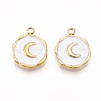 304 Stainless Steel Pendants, with Enamel, Flat Round with Moon Charms, Ion Plating(IP), Real 18K Gold Plated, White, 16x12.5x2.5mm, Hole: 1.6~1.8mm(X-STAS-N108-10A-G)