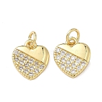 Brass Micro Pave Clear Cubic Zirconia Pendants, Heart Charms, Real 16K Gold Plated, 12x10.5x2mm, Jump Ring: 5x1mm, Inner Diameter: 3.5mm(KK-F930-09G)