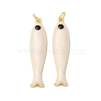 Brass Pendants, Fish, with Enamel, Real 18K Gold Plated, Cadmium Free & Lead Free, Rack Plating, Long-Lasting Plated, with Jump Ring, White, 34x8x4.5mm, Hole: 3.2mm(KK-D019-29C-03G)