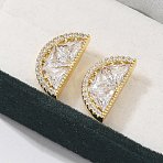Half Round Brass Micro Pave Clear Cubic Zirconia Stud Earrings, Rack Plating, Long-Lasting Plated, Lead Free & Cadmium Free, Real 18K Gold Plated, 15.5x7.5mm(EJEW-M077-08G)