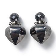 Faceted Synthetic Hematite Openable Perfume Bottle Pendants, with 304 Stainless Steel Findings, Peach Shape, Stainless Steel Color, 35~36x18~18.5x21~21.5mm, Hole: 1.8mm, Bottle Capacity: 1ml(0.034 fl. oz)(G-P435-A-05P)