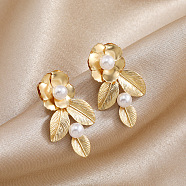 Fashionable Flower Iron Dangle Stud Earrings, with Imitation Pearl, Golden, 36x21mm(AV1063)