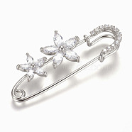 Brass Micro Pave Cubic Zirconia Safety Brooch, Flower, Clear, Platinum, 56x23mm, Pin: 1.5mm(JEWB-I010-05P)