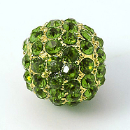 Alloy Rhinestone Beads, Grade A, Round, Golden Metal Color, Peridot, 12mm(RB-A034-12mm-A07G)