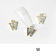 Alloy Rhinestone Cabochons, Nail Art Decoration Accessories, with Jump Ring, Letter, Golden, Letter.W, 11~14x5~12mm(MRMJ-T056-93G-W)