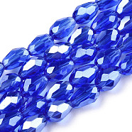 Electroplate Glass Beads Strands, Pearl Luster Plated, Faceted, teardrop, Blue, 6x4mm, Hole: 1mm, about 72pcs/strand, 15 inch(EGLA-R008-6x4mm-8)