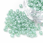 (Repacking Service Available) Glass Seed Beads, Ceylon, Round, Aqua, 12/0, 2mm, Hole: 1mm, about 12g/bag(SEED-C020-2mm-154)
