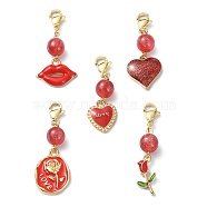 Valentine's Day Alloy Enamel Pendants Decoratios, with Round Resin Beads and Stainless Steel Lobster Claw Clasps, Mixed Shapes, Red, 37~46mm(HJEW-JM01161)