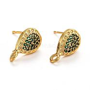 Brass Stud Earring Findings, with Loop, Micro Pave Cubic Zirconia, Drop, Green, 14.5x8.5x3mm, Hole: 1.4~1.5mm, Pin: 0.8mm(KK-G398-07D-G)