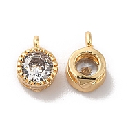 Brass with Clear Glass Pendants, Flat Round Charms, Real 18K Gold Plated, 7x5x3.5mm, Hole: 1.2mm(KK-G465-40G)