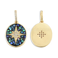 Brass Micro Pave Clear Cubic Zirconia Pendants, with Shell and Enamel, Real 18K Gold Plated, Nickel Free, Oval with Star, Black, 22x16x2mm, Hole: 4x6mm(KK-N227-98F)