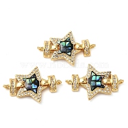 Rack Plating Brass Micro Pave Cubic Zirconia Star Connector Charms, with Enamel & Shell, Real 18K Gold Plated, Long-Lasting Plated, Lead Free & Cadmium Free, Black, 16x24x4mm, Hole: 1.4mm(KK-K385-101G-03)