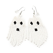 Glass Seed Braided Ghost Chandelier Earrings, Chain Tassel Alloy Halloween Earrings for Women, Antique White, 73mm, Pin: 0.6mm(EJEW-B012-02)