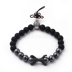 Natural Black Agate Beads Stretch Bracelets, with Non-Magnetic Synthetic Hematite Beads, Brass Cubic Zirconia Beads and Tibetan Style Alloy Guru Bead Sets, with Burlap Bag, Gunmetal, 2-1/8 inch(5.5cm)(BJEW-JB04793)