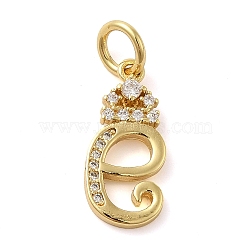 Brass Micro Pave Cubic Zirconia Pendants, with Jump Ring, Letter E, 18x8x2mm, Ring: 6x1mm, Inner Diameter: 4mm(KK-M273-01G-E)