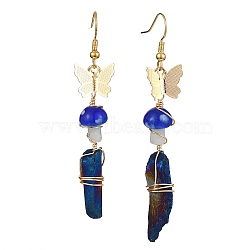 Dyed Natural Quartz Crystal Nugget & Mushroom Lampwork Dangle Earrings, Golden Brass Butterfly Long Drop Earrings, Blue, 63~75x6.5~11mm(EJEW-TA00335-02)