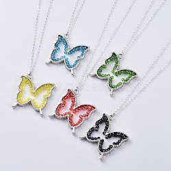 Glass Pendant Necklaces, with Rack Plating Alloy Open Back Bezel Pendants and Silver Plated Brass Cable Chain, Butterfly, Mixed Color, 17.99 inch(45.7cm)(NJEW-JN02665)