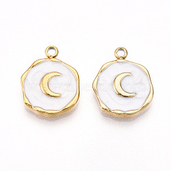 304 Stainless Steel Pendants, with Enamel, Flat Round with Moon Charms, Ion Plating(IP), Real 18K Gold Plated, White, 16x12.5x2.5mm, Hole: 1.6~1.8mm(X-STAS-N108-10A-G)