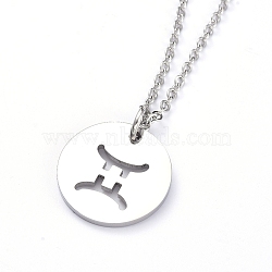 304 Stainless Steel Pendant Necklaces, with Cable Chains and Lobster Claw Clasps, Flat Round with Twelve Constellations, Stainless Steel Color, Gemini, 17.7 inch(45cm), 2mm(NJEW-E147-08P)