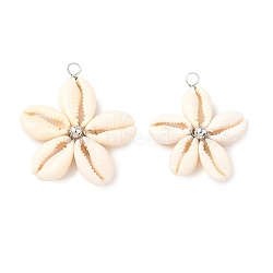 Natural Mixed Cowrie Shell Pendants, Star, with Brass Spacer Beads & Copper Wire, Platinum, 33~38x29.5~34x6.5~7.5mm, Hole: 3.5mm(PALLOY-JF03859-02)
