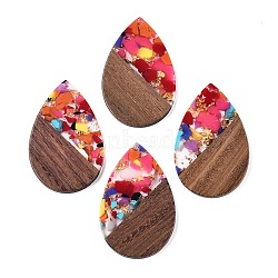 Transparent Resin & Walnut Wood Big Pendants, with Glitter Powder, Teardrop, Colorful, 51.5x33~33.5x3.5mm, Hole: 2mm(RESI-T058-05I)