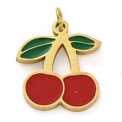 Ion Plating(IP) 304 Stainless Steel Enamel Charms, with Jump Ring, Manual Polishing, Cherry Charm, Real 18K Gold Plated, Red, 14.5x12.5x1.5mm, Hole: 2.5mm(STAS-Z104-02G-01)