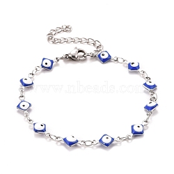 Enamel Rhombus with Evil Eye Link Chains Bracelet, 304 Stainless Steel Jewelry for Women, Stainless Steel Color, Blue, 6-5/8 inch(16.8cm)(BJEW-P271-03P-03)