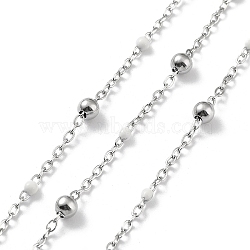 304 Stainless Steel Cable Chain, with Enamel, Soldered, White, Beads: 3.5~3.6x3.5mm, Link: 5x2x2mm and 2x1.5x0.3mm(CHS-F019-01P-05)