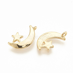 Brass Charms, Moon & Star, Nickel Free, Real 18K Gold Plated, 13x7x1mm, Hole: 1mm(KK-T020-118G)