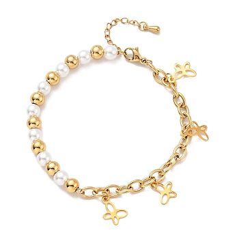 201 Stainless Steel Butterfly Charm Bracelet, Plastic Pearl Beaded Bracelet with Vacuum Plating 304 Stainless Steel Cable Chains for Women, Golden, 7-1/2 inch(19cm)