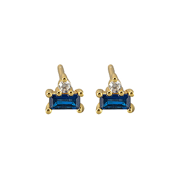 S925 Sterling Silver Rectangle Stud Earrings, with Clear Cubic Zirconia, Golden, 4.5x0.05mm