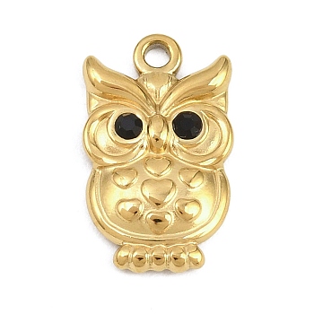 Animals 304 Stainless Steel Pendants, Owl Charms, with Rhinestone, Golden, 18.5x11.5x2.5mm, Hole: 1.6mm