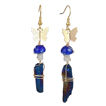 Dyed Natural Quartz Crystal Nugget & Mushroom Lampwork Dangle Earrings, Golden Brass Butterfly Long Drop Earrings, Blue, 63~75x6.5~11mm