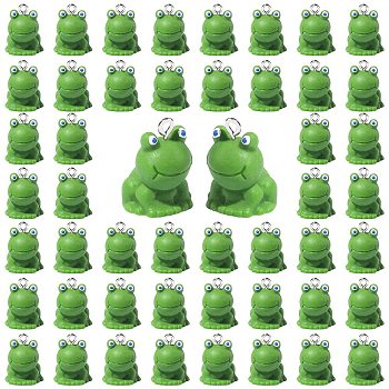 50Pcs Opaque Resin Pendants, 3D Frog Charms, with Stainless Steel Color Tone 304 Stainless Steel Loops, Green, 20x14x15mm, Hole: 1.8mm