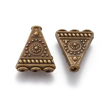 Tibetan Style Alloy Beads, Triangle, 4-Holes, Antique Bronze, Cadmium Free & Nickel Free & Lead Free, 17x14x6mm, Hole: 1.6mm and 1.8mm