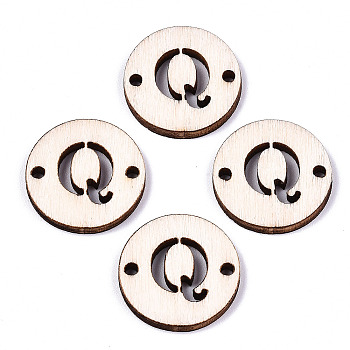 Unfinished Natural Poplar Wood Links Connectors, Laser Cut, Flat Round with Word, Letter.Q, 19.5x2.5mm, Hole: 2mm