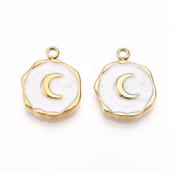 304 Stainless Steel Pendants, with Enamel, Flat Round with Moon Charms, Ion Plating(IP), Real 18K Gold Plated, White, 16x12.5x2.5mm, Hole: 1.6~1.8mm