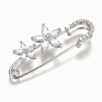 Brass Micro Pave Cubic Zirconia Safety Brooch, Flower, Clear, Platinum, 56x23mm, Pin: 1.5mm