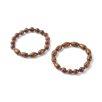 Spray Painted Natural Maple Wood & Waxed Wooden Beaded Bracelets Sets, Saddle Brown, Inner Diameter: 2-1/4 inch(5.75cm), 2Pcs/set