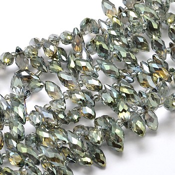 Faceted Teardrop Full Rainbow Plated Electroplate Glass Beads Strands, Top Drilled Beads, Dark Sea Green, 12x6mm, Hole: 1mm, about 100pcs/strand, 15.7 inch